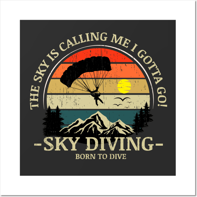 Skydiving adventures sky is calling parachutes on vintage sunset retro Wall Art by SpaceWiz95